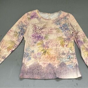 Susan Lawrence Lavender Floral Long-Sleeve Crewneck Cottage Contemporary Top